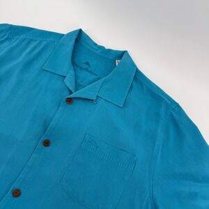 Tommy Bahama Mens XL Teal Blue Silk Blend Textured Short Sleeve Camp Shirt